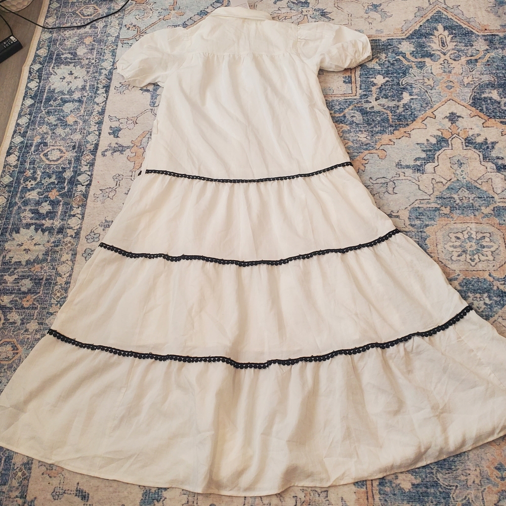 White Tiered Button-Front Maxi Dress with Black Trim - Picture 2 of 12